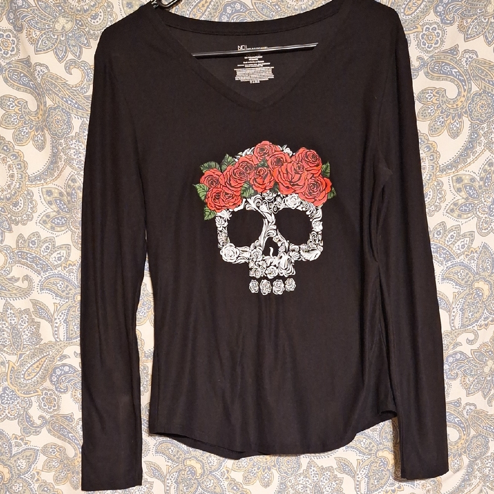No Boundaries Black Long Sleeve Top with Skull and Roses